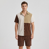 Colorblock Button Up Corduroy Shirt & Drawstring Shorts - 2 Piece Summer Outfit