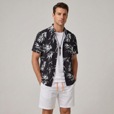 Bamboo Leaves Print Button Up Shirt & Swim Shorts - 2 Piece Summer Outfit