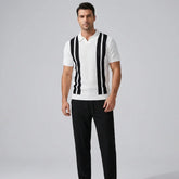 Striped Knit Johnny Collar Polo & Waffle Drawstring Pants - 2 Piece Summer Outfit