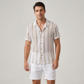 Striped Mesh Cuban Shirt & Linen Drawstring Shorts - 2 Piece Summer Outfit