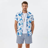 Turtle Print Button Up Shirt & Striped Swim Shorts - 2 Piece Summer Outfit