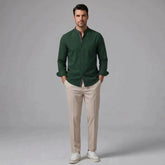 MannerCo dark green linen stand collar shirt with beige slim fit tapered trousers 2-piece set