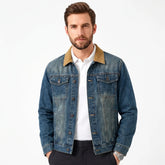 MannerCo men's vintage blue washed denim jacket with tan corduroy collar, front view