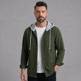 MannerCo men's olive green corduroy hooded shirt jacket, front view