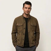 MannerCo men's khaki military faux suede jacket with stand collar and flap pockets, front view on model