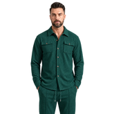 MannerCo men's dark green waffle knit shirt jacket and trousers set, front close-up