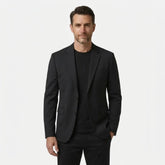 MannerCo men's black wool blend blazer, two-button slim fit, front view over black tee