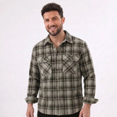 MannerCo army green vintage plaid corduroy shirt front view button-up with chest pockets