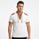 MannerCo white waffle knit color-block pullover with tan lace-up collar and shoulder patches, front view
