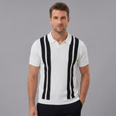 Man wearing a white striped knit slim fit polo shirt front view on plain background