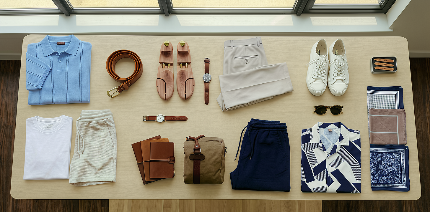 men summer clothing products displayed on a table