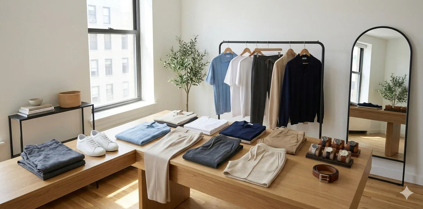 men summer clothing collection display in a room