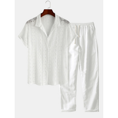 Geometry Textured Cuban Shirt & Straight Leg Linen Pants - 2 Piece Summer Outfit