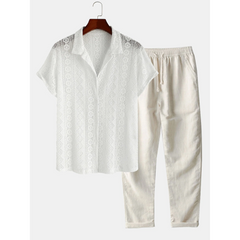 Geometry Textured Cuban Shirt & Straight Leg Linen Pants - 2 Piece Summer Outfit