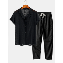 Geometry Textured Cuban Shirt & Straight Leg Linen Pants - 2 Piece Summer Outfit