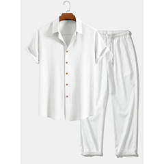 Crinkled Textured Button Up Shirt & Straight Leg Pants - 2 Piece Summer Outfit