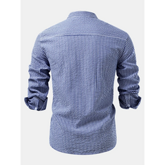 Striped Seersucker Stand Collar Shirt & Straight Leg Linen Pants - 2 Piece Smart Casual Outfit