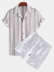 Striped Mesh Cuban Shirt & Linen Drawstring Shorts - 2 Piece Summer Outfit