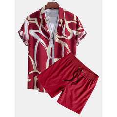 Abstract Print Button Up Shirt & Solid Drawstring Swim Shorts - 2 Piece Summer Outfit