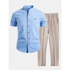 Linen Look Stand Collar Shirt & Slim Fit Tapered Trousers - 2 Piece Summer Outfit