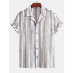 Striped Mesh Cuban Shirt & Wrinkle Textured Straight Leg Pants - 2 Piece Smart Casual Outfit
