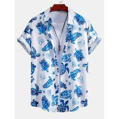 Turtle Print Button Up Shirt & Striped Swim Shorts - 2 Piece Summer Outfit
