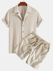 Textured Cuban Shirt & Linen Cotton Drawstring Shorts - 2 Piece Summer Outfit
