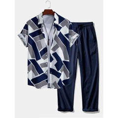 Men’s Color Block Print Shirt & Straight Leg Pants Set | Smart Casual Outfit