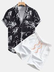 Bamboo Leaves Print Button Up Shirt & Swim Shorts - 2 Piece Summer Outfit