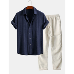 Geometric Jacquard Button Up Shirt & Straight Leg Linen Pants - 2 Piece Summer Outfit