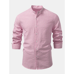 Striped Seersucker Stand Collar Shirt & Straight Leg Linen Pants - 2 Piece Smart Casual Outfit