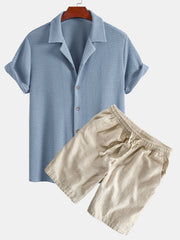 Textured Cuban Shirt & Linen Cotton Drawstring Shorts - 2 Piece Summer Outfit