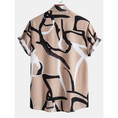 Abstract Print Button Up Shirt & Solid Drawstring Swim Shorts - 2 Piece Summer Outfit