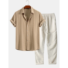 Geometric Jacquard Button Up Shirt & Straight Leg Linen Pants - 2 Piece Summer Outfit