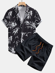 Bamboo Leaves Print Button Up Shirt & Swim Shorts - 2 Piece Summer Outfit