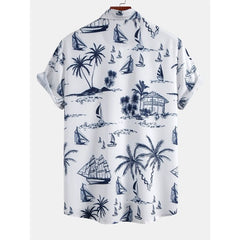 Island Sailing Print Button Up Shirt & Wrinkle Textured Straight Leg Pants - 2 Piece Smart Casual Outfit