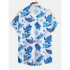 Turtle Print Button Up Shirt & Striped Swim Shorts - 2 Piece Summer Outfit