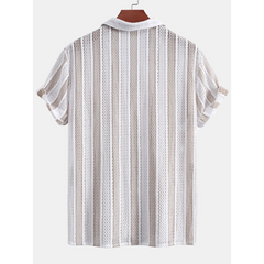 Striped Mesh Cuban Shirt & Wrinkle Textured Straight Leg Pants - 2 Piece Smart Casual Outfit