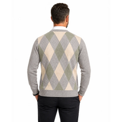 V-Neck Argyle Knitted Wool Sweater | Slim Fit Winter Pullover