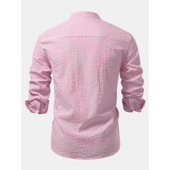 Striped Seersucker Stand Collar Shirt & Straight Leg Linen Pants - 2 Piece Smart Casual Outfit