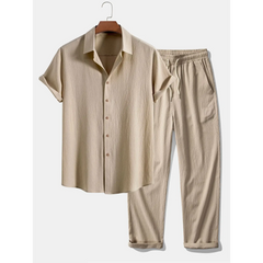 Crinkled Textured Button Up Shirt & Straight Leg Pants - 2 Piece Summer Outfit