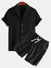 Textured Cuban Shirt & Linen Cotton Drawstring Shorts - 2 Piece Summer Outfit
