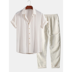 Geometric Jacquard Button Up Shirt & Straight Leg Linen Pants - 2 Piece Summer Outfit