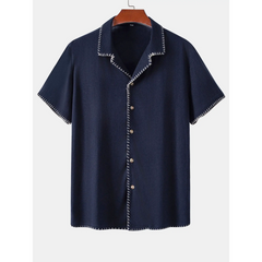 Contrast Stitching Linen Rayon Cuban Shirt & Straight Leg Pants - 2 Piece Smart Casual Outfit
