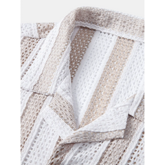 Striped Mesh Cuban Shirt & Wrinkle Textured Straight Leg Pants - 2 Piece Smart Casual Outfit
