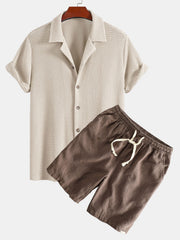 Textured Cuban Shirt & Linen Cotton Drawstring Shorts - 2 Piece Summer Outfit