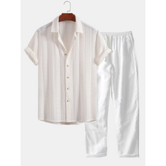 Geometric Jacquard Button Up Shirt & Straight Leg Linen Pants - 2 Piece Summer Outfit