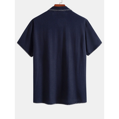 Contrast Stitching Linen Rayon Cuban Shirt & Straight Leg Pants - 2 Piece Smart Casual Outfit