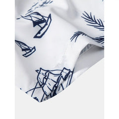 Island Sailing Print Button Up Shirt & Wrinkle Textured Straight Leg Pants - 2 Piece Smart Casual Outfit