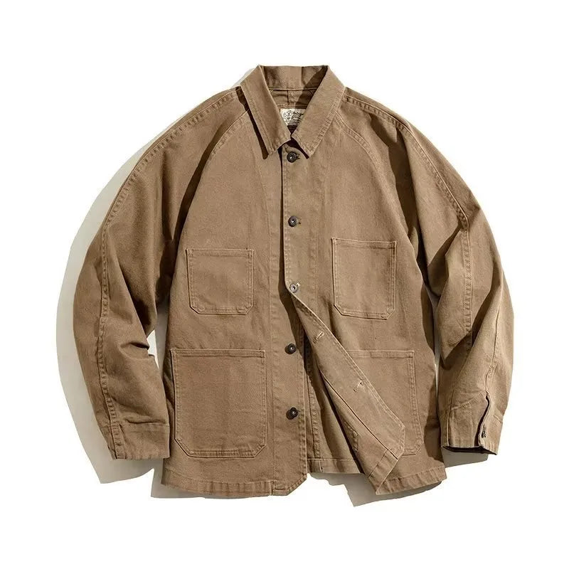 Maden Vintage Khaki Jackets for Men Loose Cotton Solid Chore Coat Amekaji Cargo Casual Jacket Man Clothing in Khaki